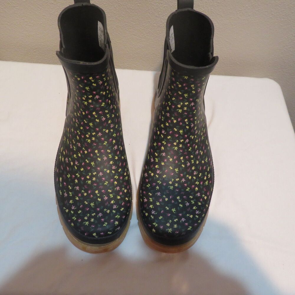 Western Chief Black Floral Chelsea Rain Boots with Pink, Yellow & Green Accents